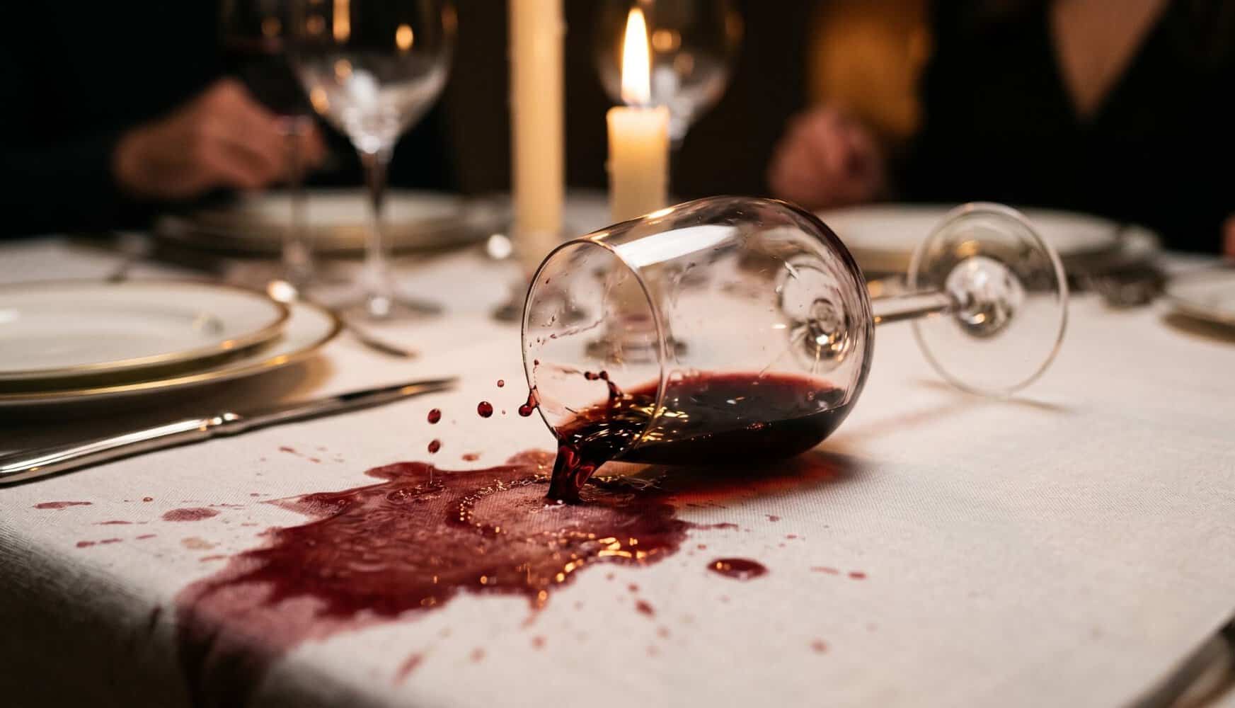 Λεκές από κόκκινο κρασί σε λευκό λινό τραπεζομάντηλο - πρόβλημα που αντιμετωπίζουν συχνά τα νοικοκυριά