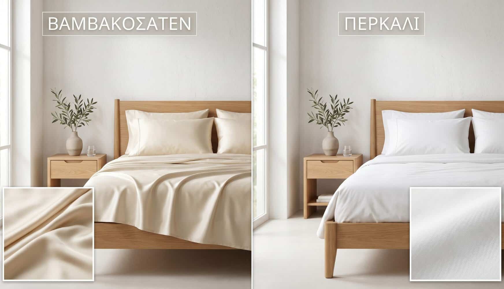 Εναλλαγή σεντονιών ανά εποχή - βαμβακοσατέν για χειμώνα και περκάλι για καλοκαίρι σε σύγχρονο υπνοδωμάτιο - Βαμβακοσατέν ή Περκάλι; Πλήρης Σύγκριση Σεντονιών 2026
