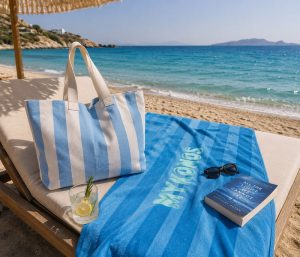 Σετ Πετσέτα Τσάντα Θαλάσσης Nef Nef Homeware Mykonos Portofino Blue 80x160+41x39x24